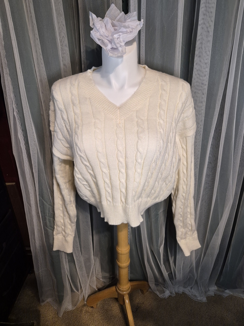 Cozy V-Neck Cable Knit Sweater - Cream
